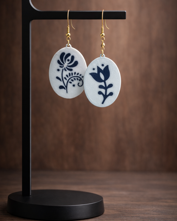 Navy and White flower earrings