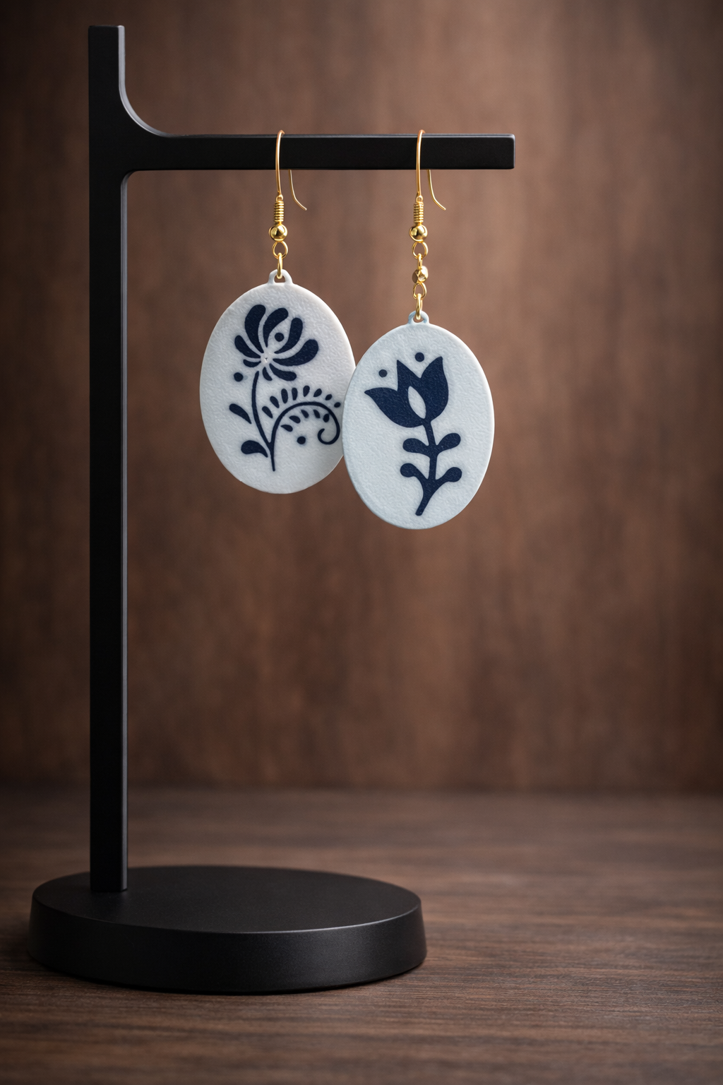 Navy and White flower earrings